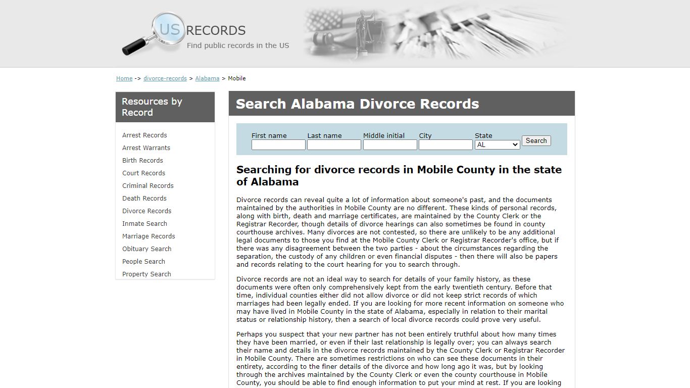 Search Divorce Records Mobile Alabama | US Records
